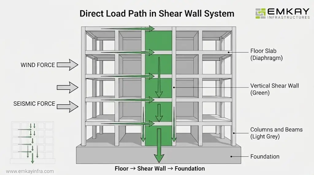Shear wall load path diagram showing force transfer from floor to shear wall and foundation in reinforced concrete building structure