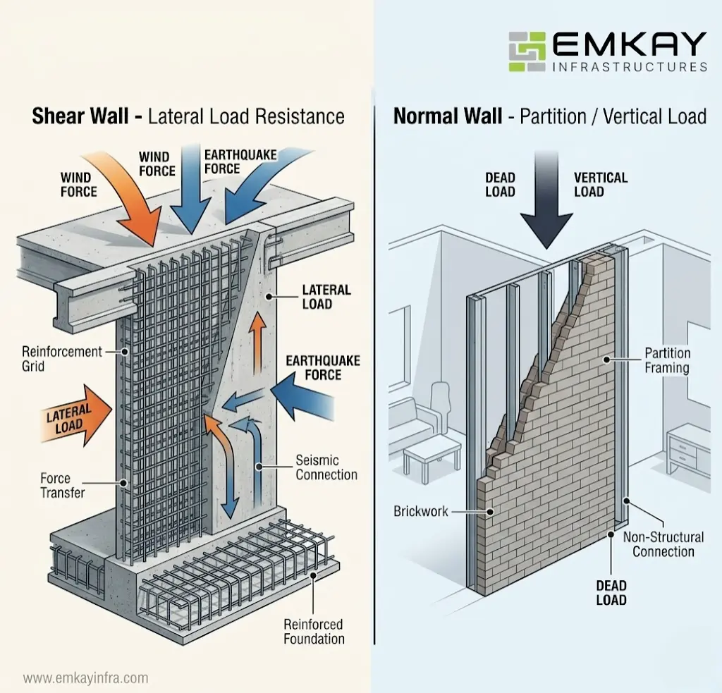 Shear wall vs normal wall comparison showing lateral load resistance, reinforcement, and structural role differences in reinforced concrete buildings
