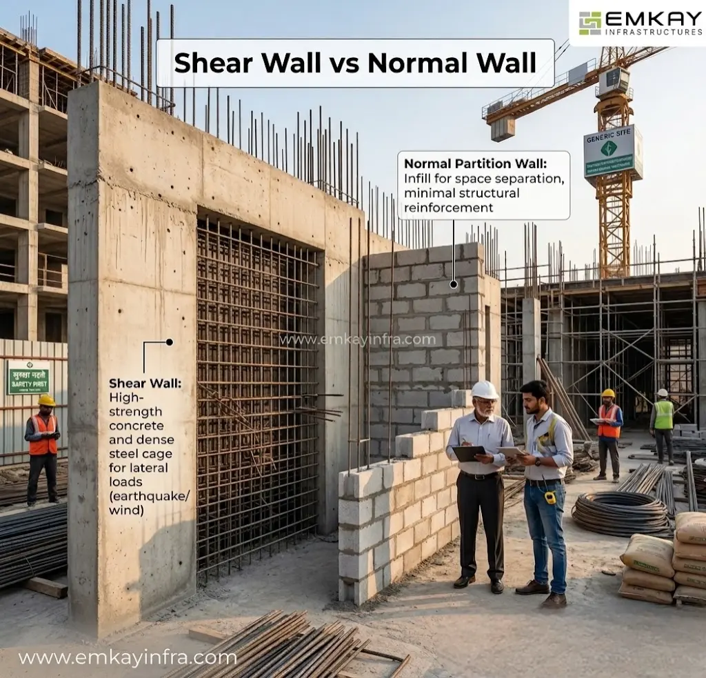 Difference between shear wall and normal wall in construction showing reinforced concrete shear wall vs partition wall with structural elements in Coimbatore building projects
