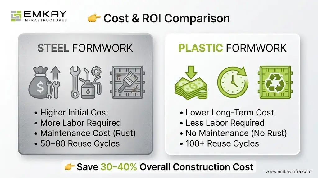 Plastic Formwork vs Steel Formwork comparison chart showing cost and performance metrics