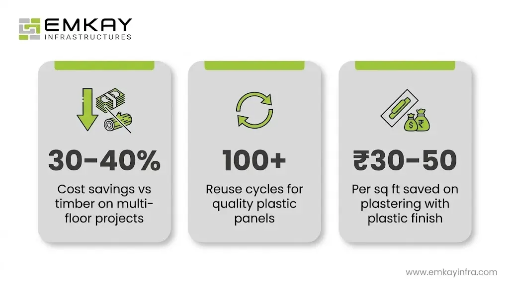 Plastic formwork cost savings infographic showing 30–40 percent savings, 100 plus reuse cycles and plastering cost reduction per square foot
