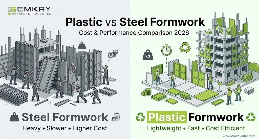 Plastic formwork panels installed on construction site