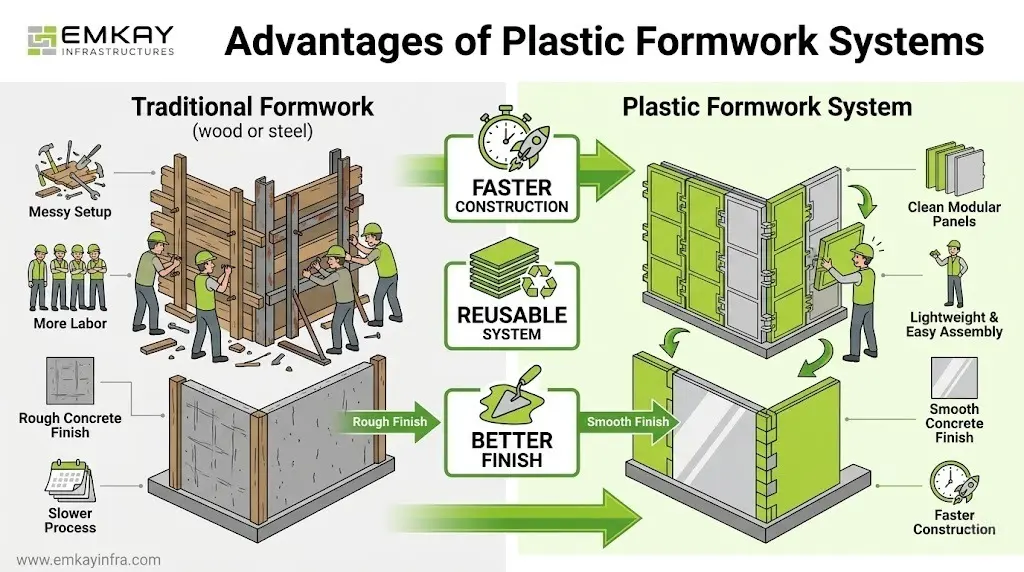 Plastic shuttering panels with an interlocking system for concrete walls