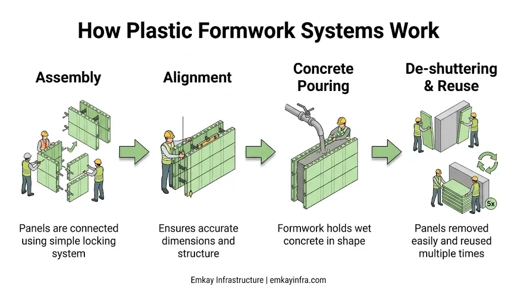 Plastic formwork systems installation at residential construction site in India
