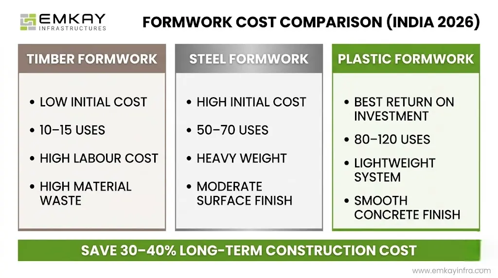 Plastic formwork vs timber and steel formwork cost comparison India showing reuse cycles, labour cost and ROI benefits of plastic formwork systems