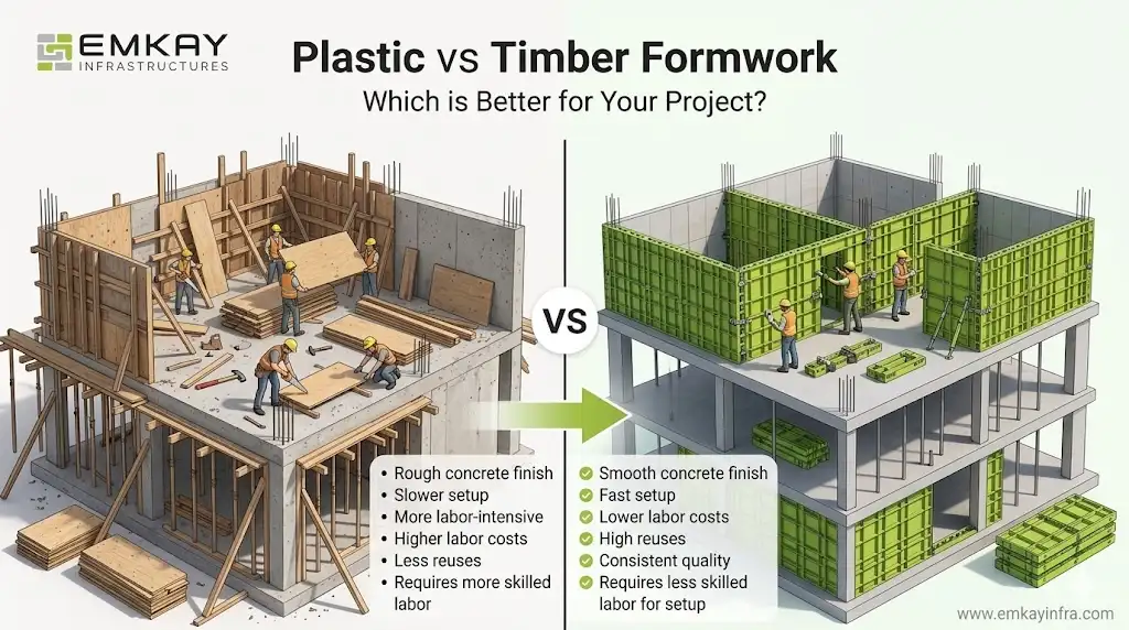Plastic formwork vs timber formwork comparison showing construction process, labor effort, concrete finish quality and reusability differences