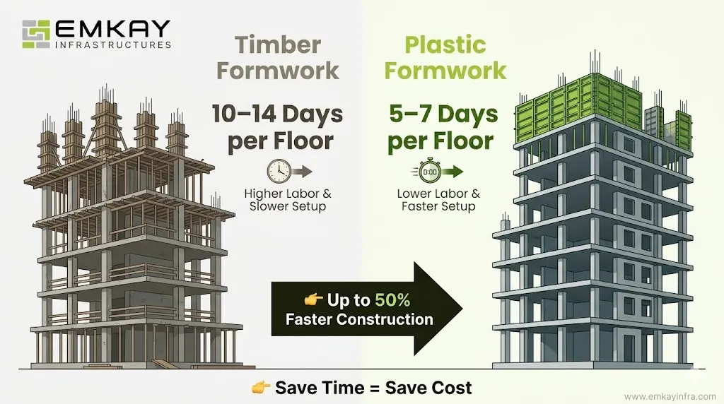 Construction speed comparison between plastic formwork and timber formwork showing 5 to 7 days vs 10 to 14 days per floor with faster project completion